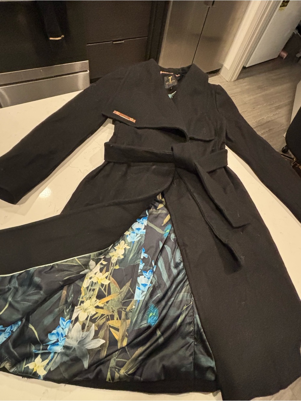 Ted Baker Black Wrap Trench Coat with Floral Lining